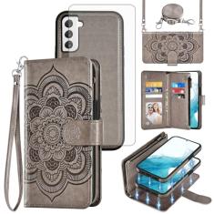 Asuwish Capa de celular para Samsung Galaxy S22 5G carteira com zíper destacável com protetor de tela de vidro temperado alça transversal flor compartimento para cartão S 22 22S 4G G5 15.5 cm mulheres
