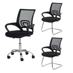 Kit Cadeiras De Escritório, 1 Cadeira Tela Mesh Com Base Giratória + 2 Cadeiras Tela Mesh Base Fixa