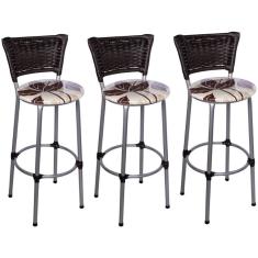 Kit 3 Banquetas Altas Prata com Encosto Junco Argila Assento Floral Marrom