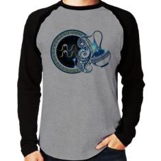 Camiseta Raglan Signo Aquário Astrologia Manga Longa - Foca na Moda, C