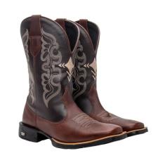 Bota Western Masculina Bico Quadrado em Couro Texas Gold Cruzeta Café,