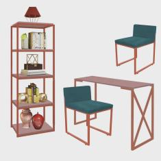 Kit Escritório Bex 2 Cadeiras Suede Azul Turquesa com 1 Mesa e 1 Livreiro Ferro Bronze mdf Rose Rosa - Ahazzo Móveis