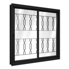 Janela De Aço De Correr Lateral 1 Folha Móvel E 1 Folha Fixa Com Grade Mosaico 100x120cm Aço Pronto Riobras Preto