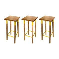Kit 3 Banquetas Bistro Industrial Colors Ferro E Madeira Maciça - Amarela Amarelo