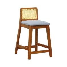 Banqueta Média Gabi Madeira Maciça Telinha Natural - Amêndoa Assento Estofado Linho Cinza Mescla Impermeável