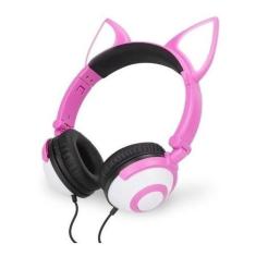 Fone Orelha Gatinho Dobrável Led P2 Exbom - Rosa