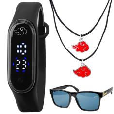 Relogio prova dagua infantil digital silicone preto Oculos + colar naruto criança resistente data