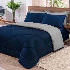 Kit Edredom + Jogo De Lençol Aconchego Look House Dupla Face Casal Queen 06 Peças - Azul E Cinza