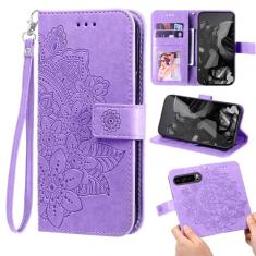 Furill Capa carteira compatível com Google Pixel 9 Pro XL e protetor de pulso flor couro flip porta-cartão de crédito Folio bolsa suporte capa celular para Pixel9 9Pro 9ProXL nove meninas roxo