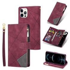 UEEBAI Capa carteira para iPhone 12 Pro Max de 6,7 polegadas, capa flip vintage de couro PU premium com compartimentos para cartões, fecho magnético, bolso com zíper, bolsa de mão com alça de mão -