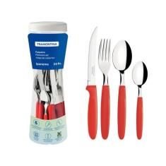 Faqueiro Tramontina Ipanema Cabo Vermelho com Pote Plástico 24 Peças, 