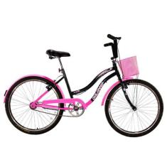 Bicicleta Retrô Vintage Aro 26 Feminina Beach Preto com Rosa Chiclete 