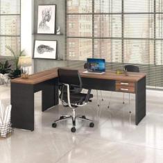 Escrivaninha Mesa Escritório em L com Work30 2 Gavetas 180cm Nogal E P
