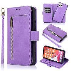 Capa de couro de luxo para iPhone 14 13 12 11 Pro XS Max XR X SE 2022 8 7 6 6S Plus Carteira com zíper Capa removível, roxa, para iPhone 12