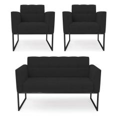Kit 1 Sofá Namoradeira E 2 Poltronas Elisa Veludo Base Metálica Industrial Preto - D`rossi Cor Preto