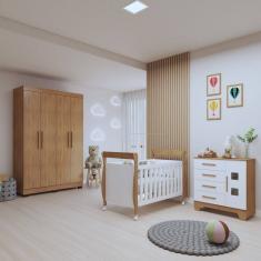 Quarto de Bebê Completo com Guarda-roupa, Berço e Cômoda Manu Amadeirado/Branco
