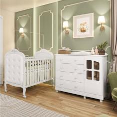 Quarto de Bebê Berço com Capitonê e Cômoda com Janela Maya Clássico Espresso Móveis Branco Brilho/Branco
