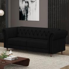 Sofá Living Sala de Estar Stanford Chesterfield 2 Lugares 180cm Pés de Madeira Couro Preto G58 - Gran Belo