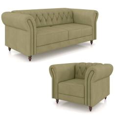 Conjunto 1 Sofá Living 200cm E 1 Poltrona Stanford Chesterfield Pés Madeira Couro Fendi G58 Gran Belo