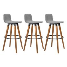 Kit 3 Banquetas Altas Luxo Versatil Aço Preto Linho Cinza Base Carvalh