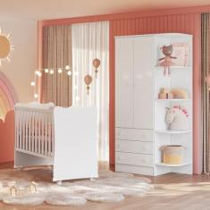 Quarto de Bebê Doce Sonho com Roupeiro 825 e Berço Simples 1 c/Rodízios Qmovi Branco