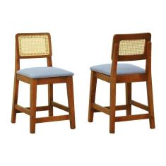 Kit 2 Banquetas Gabi Madeira Maciça Encosto Telinha -Linho Cinza Mescla Impermeável