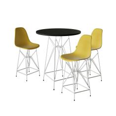 Jogo Mesa Bistrô Eames Preta 60Cm 3 Banquetas Amarela Base Ferro Branco - Cor: Preto
