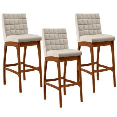 Kit 03 Banquetas Altas Para Cozinha Sala de Jantar Fixa Mila B04 Linho Cru - Lyam Decor