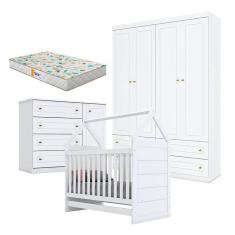 Quarto de Bebê Mississipi 4 Portas com Berço Montessoriano Americano Branco e Colchão Gazin - Henn