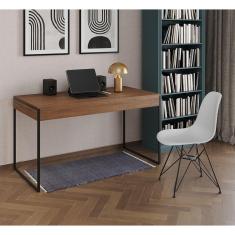 Escrivaninha Industrial Escritório Malta Amêndoa 137x53cm com 1 Cadeira Eames Eiffel Branca Base Fer