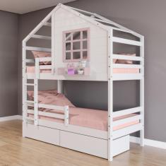 Beliche Casinha com Janela com 02 Gavetas e Grade de Proteção Madeira Maciça Branco/ Rosa Housin