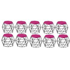 Kit 10 Puff Banqueta Aramado Mila Base Preta Hexágono Tecido Sintético