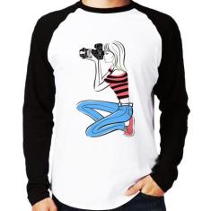 Camiseta Raglan Fotógrafa Art Manga Longa - Foca na Moda, Branco, Pret