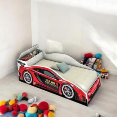 Cama Solteiro Carro com Baú Vermelha com Colchão