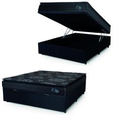 Cama Box Baú Casal Colchão Com Molas Ensacadas City Pillow Top 138x188x64cm Preto Hellen