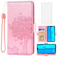 Asuwish Capa carteira compatível com Huawei Y9 2019/Enjoy 9 Plus e protetor de tela de vidro temperado flip alça de pulso suporte para cartão de crédito capa para celular Havaí 9Y JKM-LX3 mulheres