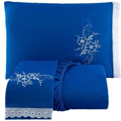 Kit 03 Jogo Lencol Bordado Casal Queen SIze com Lese 3 Pçs - Enxovais 