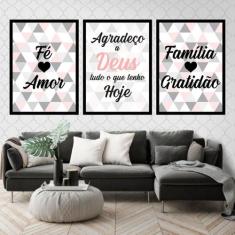 Kit 3 Quadros Fé, Amor, Família Triângulos 45x34cm - com vidro - Quadr
