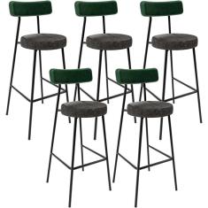 Kit 05 Banquetas Alta Bar Cozinha Sala De Jantar Milão L02 Facto Verde Linho Chumbo - Lyam Decor