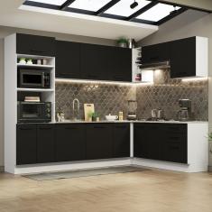 Cozinha Completa de Canto Madesa Agata 479001 com Armário e Balcão (Sem Tampo e Pia) - Branco/Preto