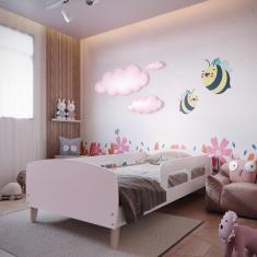 Cama Solteiro Jardim com Proteção Montessoriana Movelbras Branco/Rosa