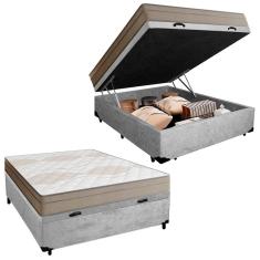 Cama Box Baú Casal Suede + Colchão De Molas Ensacadas Portobel Ipanema -  138x188x66cm Cinza