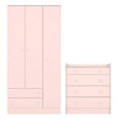 Quarto de Bebê Doce Sonho com Roupeiro 2617 e Cômoda 2523 Qmovi Rosa Acetinado