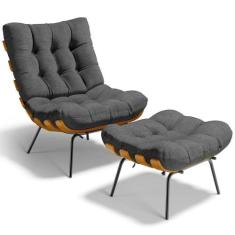 Poltrona Costela L02 Com Puff Sala De Estar Linho Cinza Escuro - Lyam 