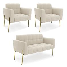 Namoradeira e 2 Poltronas Pé de Ferro Dourado Elisa Bouclê Bege D03 - D`Rossi