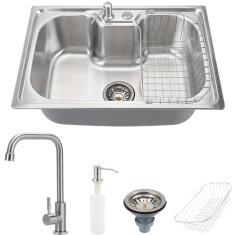 Pingoo.Casa, Kit Cuba para Cozinha com Acessórios, Gourmet, Aço Inox, Carajás e Torneira, Aço inox 304, Tinguá, Prata