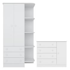 Quarto de Bebê Doce Sonho com Roupeiro 825 e Cômoda Sapateira 2561 Qmovi Branco