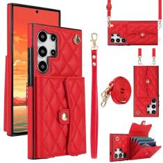 Capa carteira para Samsung Galaxy S24 Ultra com 4 pontos de cartão, capa flip de couro transversal com bloqueio RFID, capa de telefone com suporte de fivela magnética, alça de pulso à prova de choque