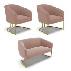 Namoradeira e 2 Poltronas Industrial Dourado Stella Bouclê Rosê D03 - D`Rossi