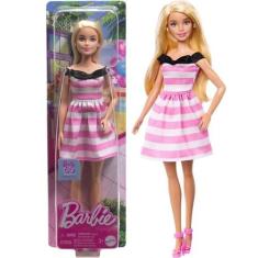 Boneca Articulada Barbie Vestido Listrado Rosa e Branco Com Laço Preto